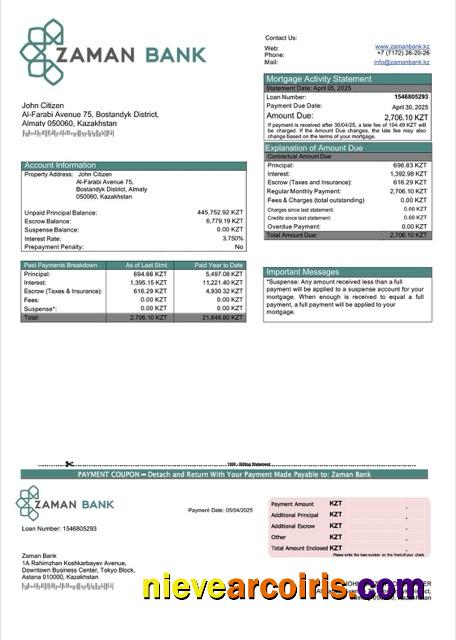 Kazakhstan Zaman Bank mortgage statement Word and PDF template